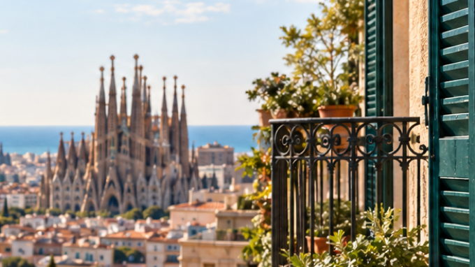 Vue sur Barcelone et la Sagrada Família depuis un balcon fleuri aux volets verts
