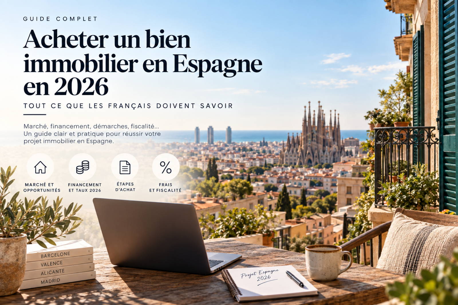 Balcon ensoleillé dominant Barcelone avec la Sagrada Família à l'horizon, un ordinateur portable et un carnet « Projet Espagne 2026 » posés sur une table en bois
